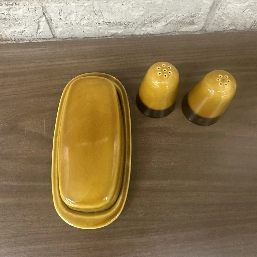 Set Vintage Ceramic Butter Dish & Salt / Pepper MCM Retro 70s Gold Brown Glazed